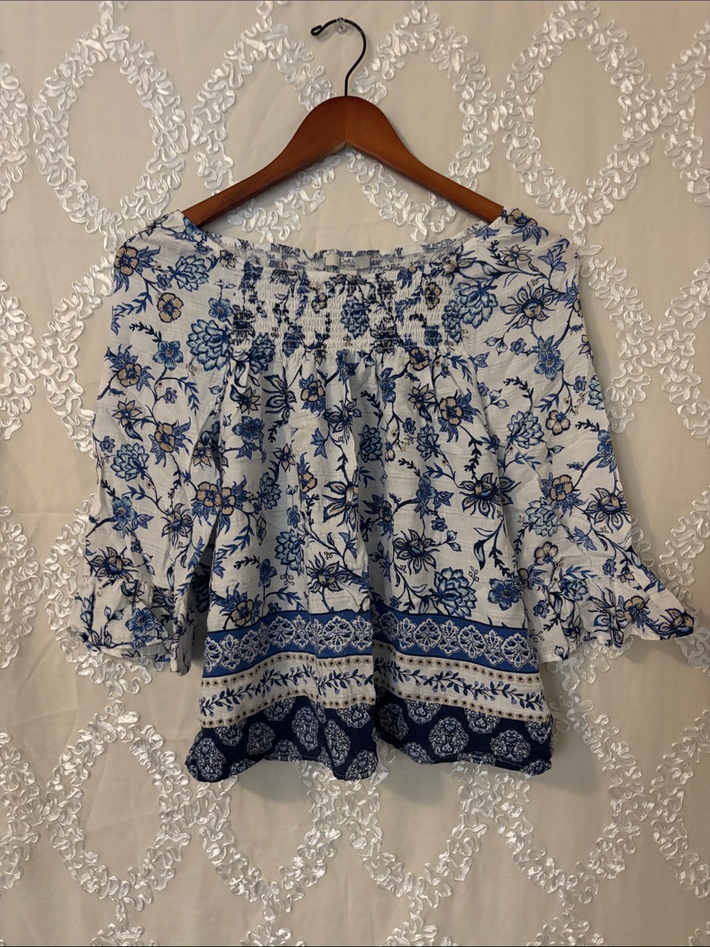 croft & barrow Blue and White Floral Off-Shoulder Top
